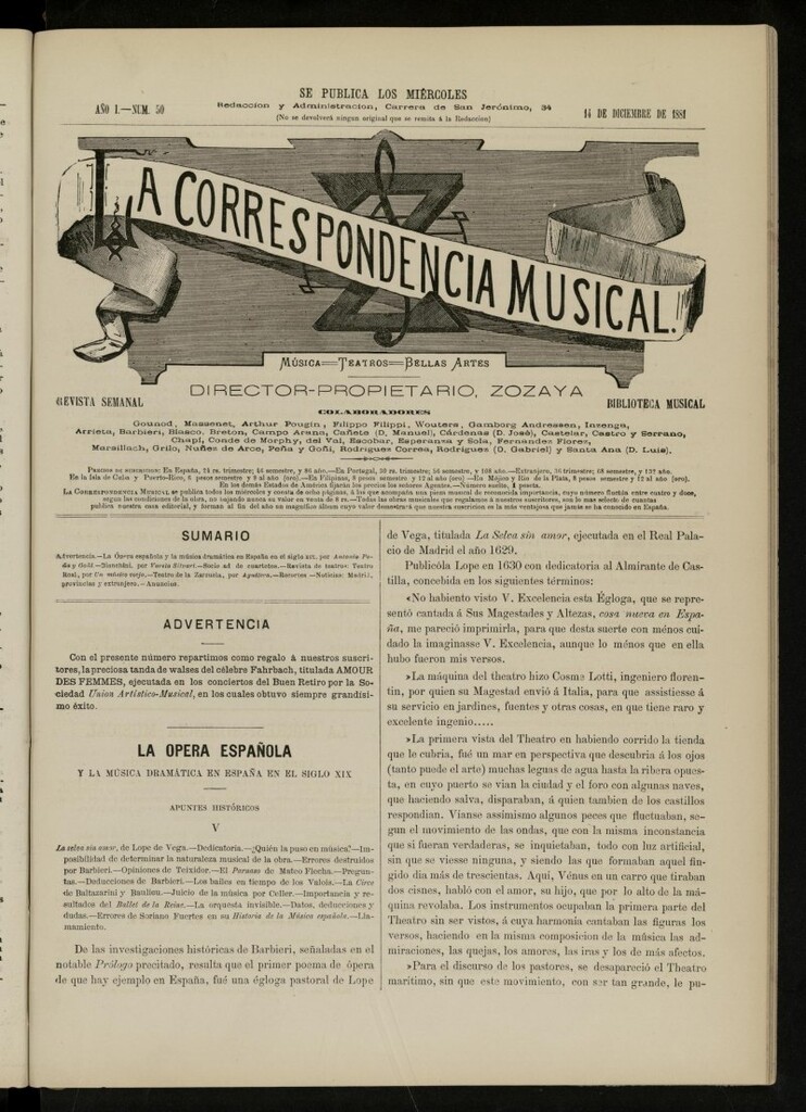 Miniatura de La Correspondencia musical : música, teatros, bellas artes, de 14 de diciembre de 1881, nº 50