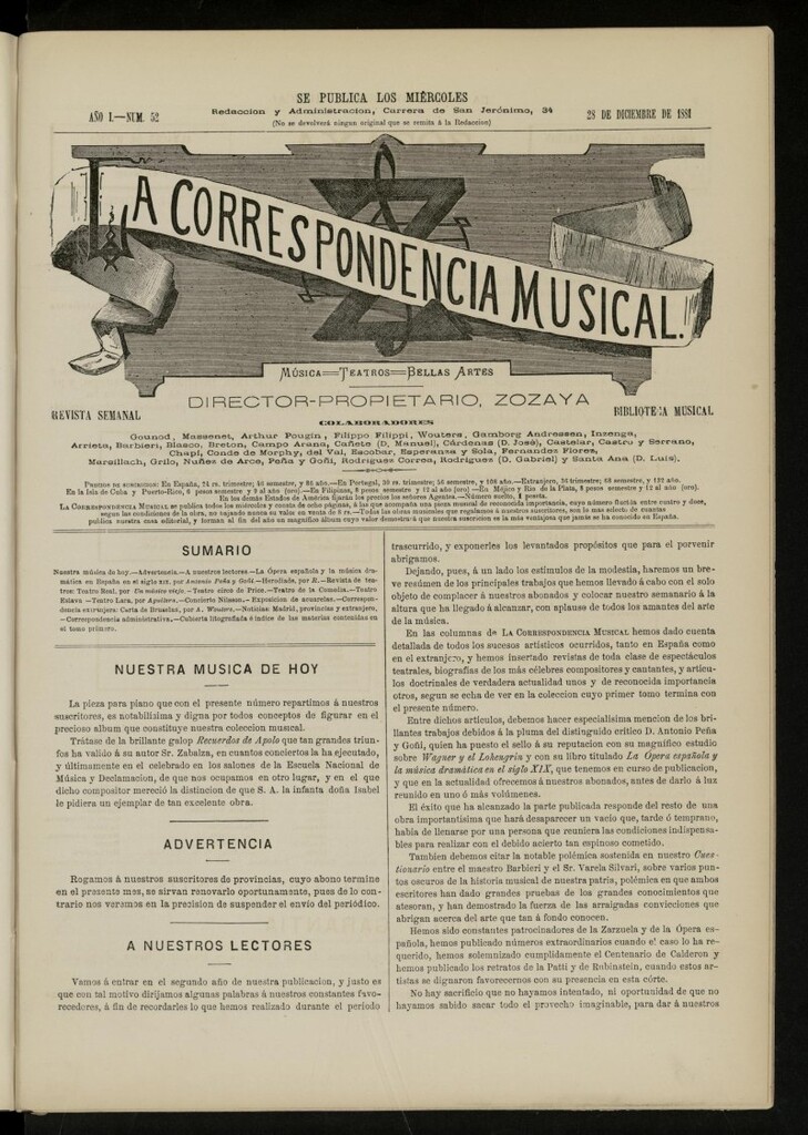 Miniatura de La Correspondencia musical : música, teatros, bellas artes, de 28 de diciembre de 1881, nº 52