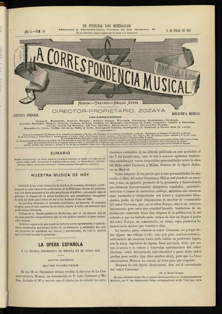 Miniatura de La Correspondencia musical : música, teatros, bellas artes, de 4 de enero de 1882, nº 53