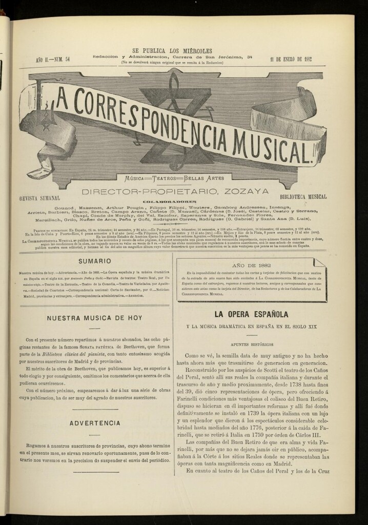 Miniatura de La Correspondencia musical : música, teatros, bellas artes, de 11 de enero de 1882, nº 54