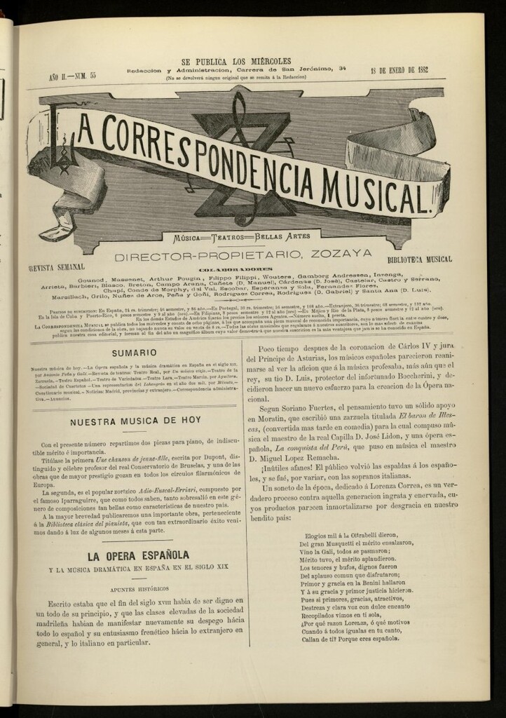 Miniatura de La Correspondencia musical : música, teatros, bellas artes, de 18 de enero de 1882, nº 55