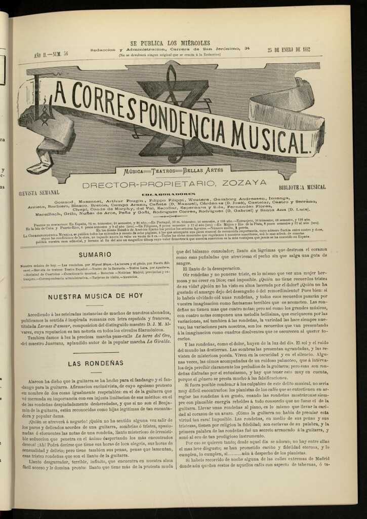 Miniatura de La Correspondencia musical : música, teatros, bellas artes, de 25 de enero de 1882, nº 56