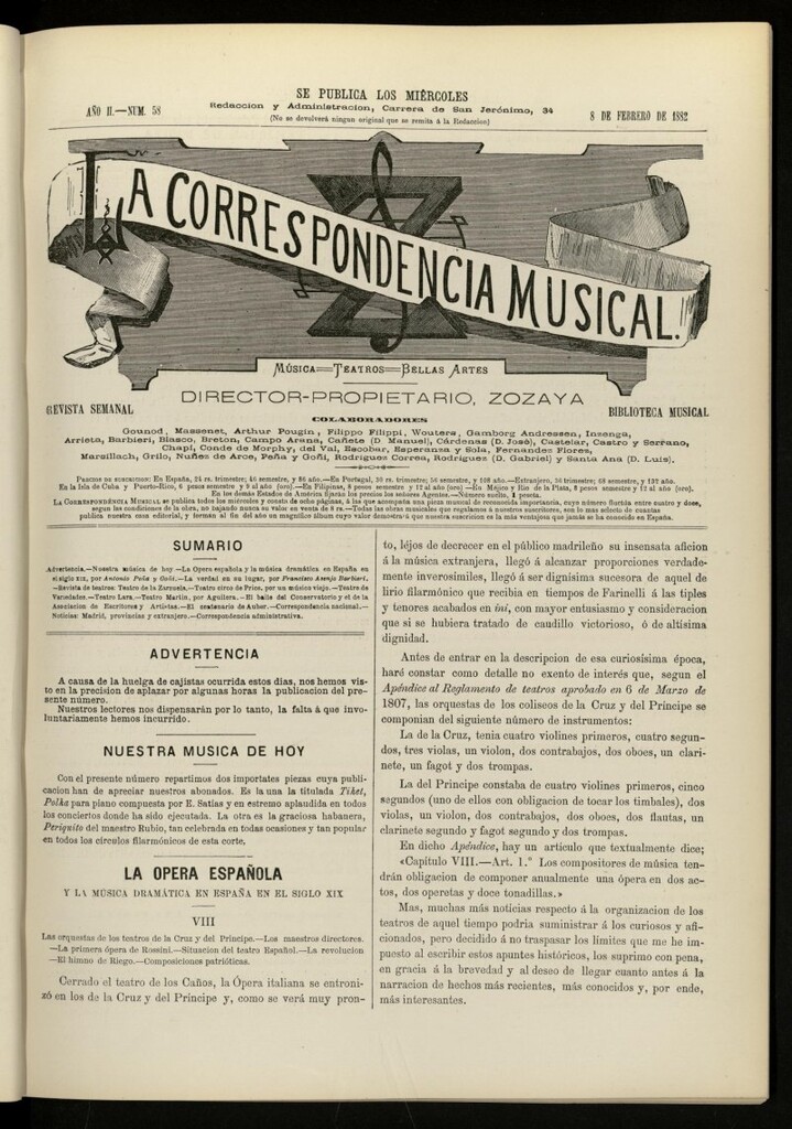 Miniatura de La Correspondencia musical : música, teatros, bellas artes, de 8 de febrero de 1882, nº 58