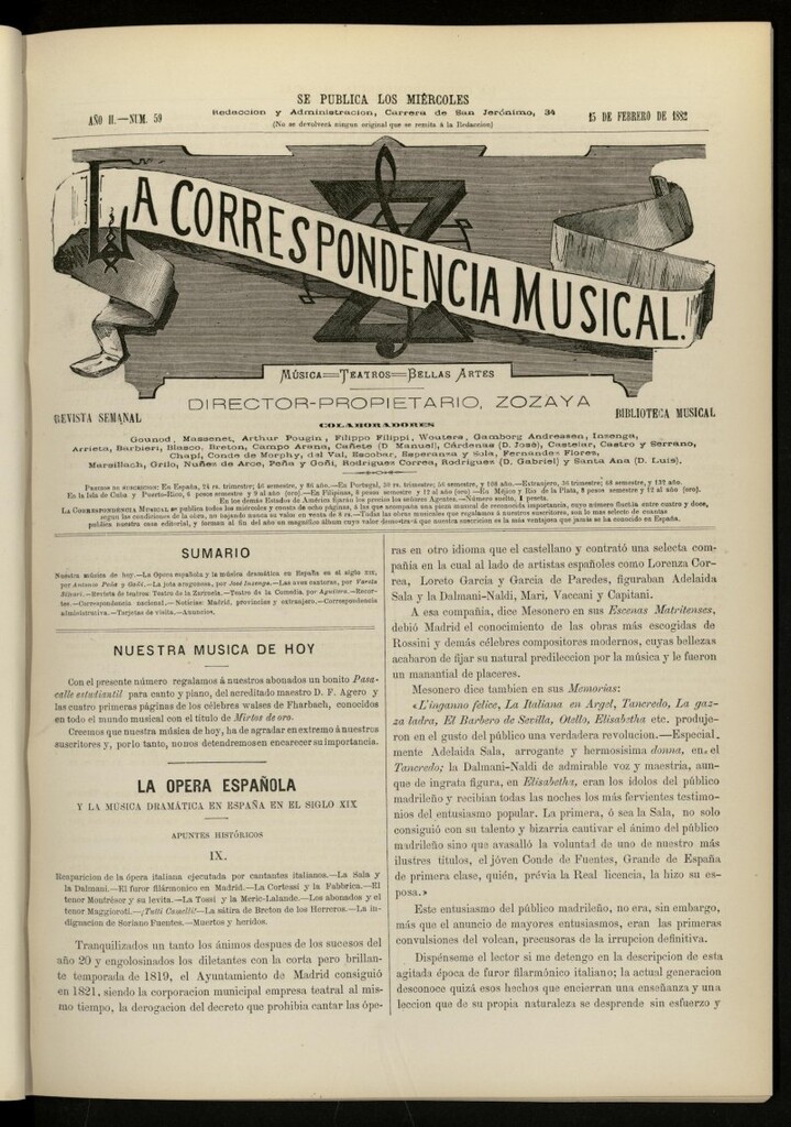 Miniatura de La Correspondencia musical : música, teatros, bellas artes, de 15 de febrero de 1882, nº 59