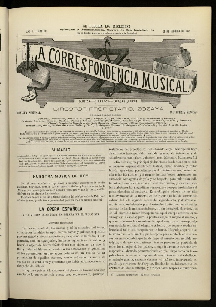 Miniatura de La Correspondencia musical : música, teatros, bellas artes, de 21 de febrero de 1882, nº 60