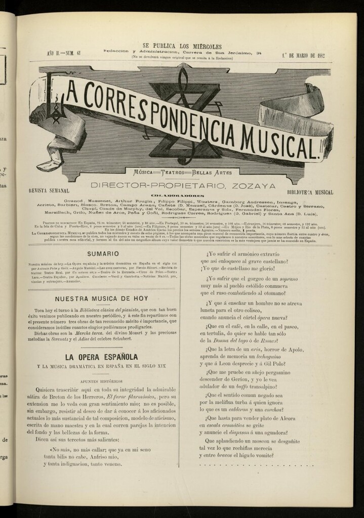 Miniatura de La Correspondencia musical : música, teatros, bellas artes, de 1 de marzo de 1882, nº 61