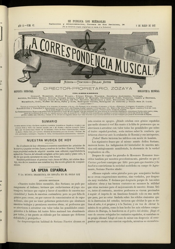 Miniatura de La Correspondencia musical : música, teatros, bellas artes, de 8 de marzo de 1882, nº 62