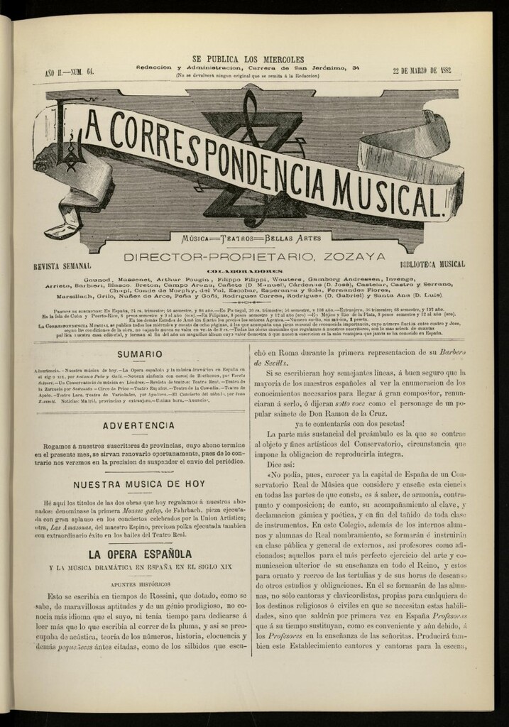 Miniatura de La Correspondencia musical : música, teatros, bellas artes, de 22 de marzo de 1882, nº 64