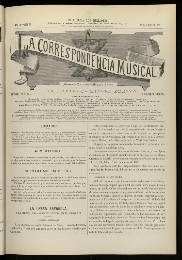 Miniatura de La Correspondencia musical : música, teatros, bellas artes, de 29 de marzo de 1882, nº 65