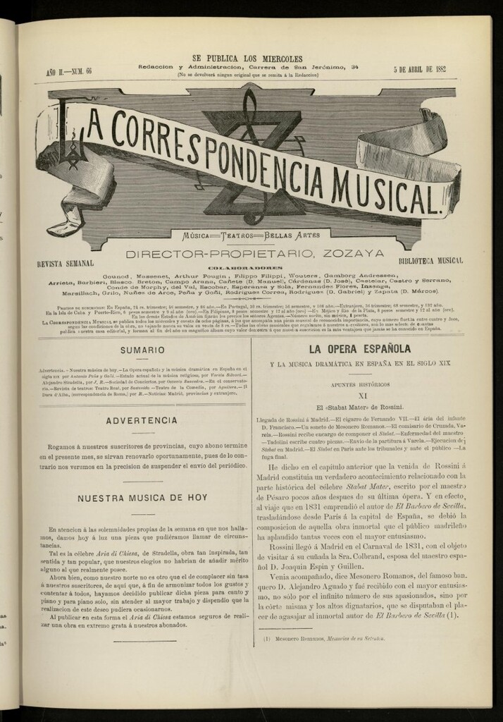Miniatura de La Correspondencia musical : música, teatros, bellas artes, de 5 de abril de 1882, nº 66