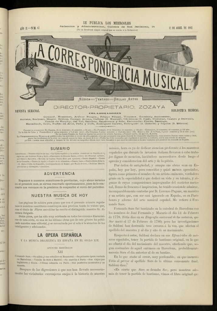 Miniatura de La Correspondencia musical : música, teatros, bellas artes, de 12 de abril de 1882, nº 67