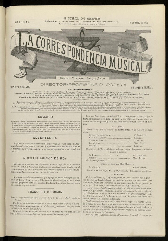 Miniatura de La Correspondencia musical : música, teatros, bellas artes, de 19 de abril de 1882, nº 68