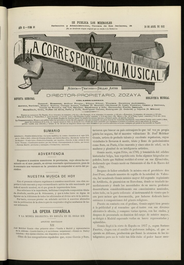 Miniatura de La Correspondencia musical : música, teatros, bellas artes, de 26 de abril de 1882, nº 69