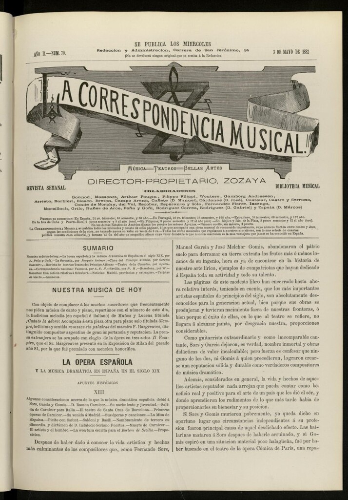 Miniatura de La Correspondencia musical : música, teatros, bellas artes, de 3 de mayo de 1882, nº 70