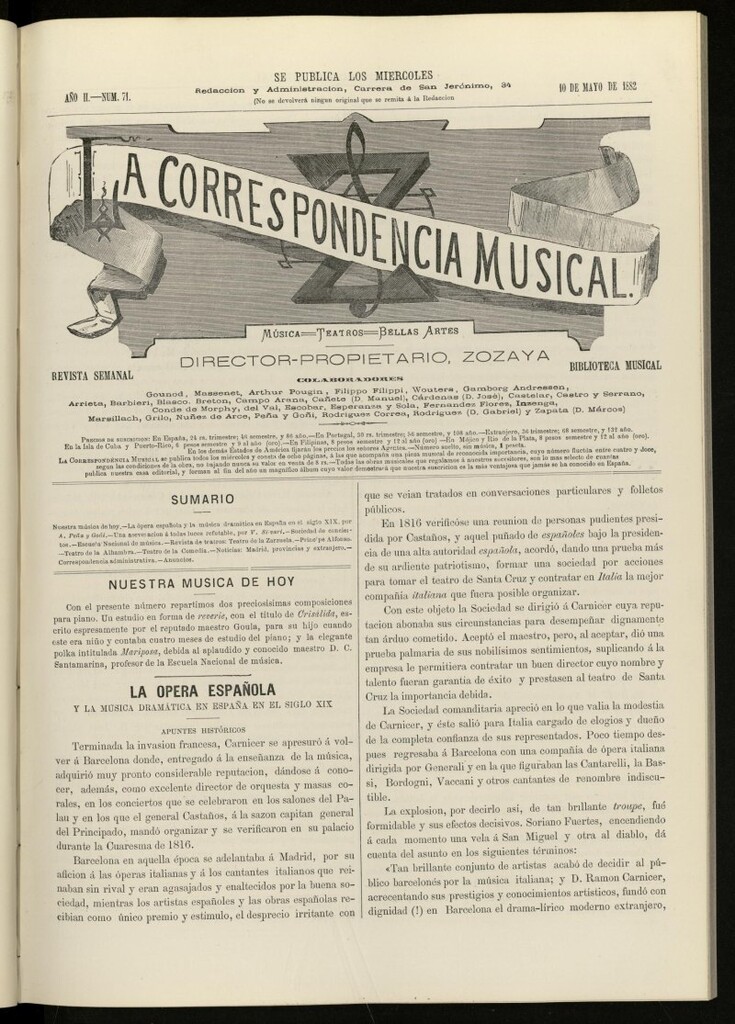 Miniatura de La Correspondencia musical : música, teatros, bellas artes, de 10 de mayo de 1882, nº 71