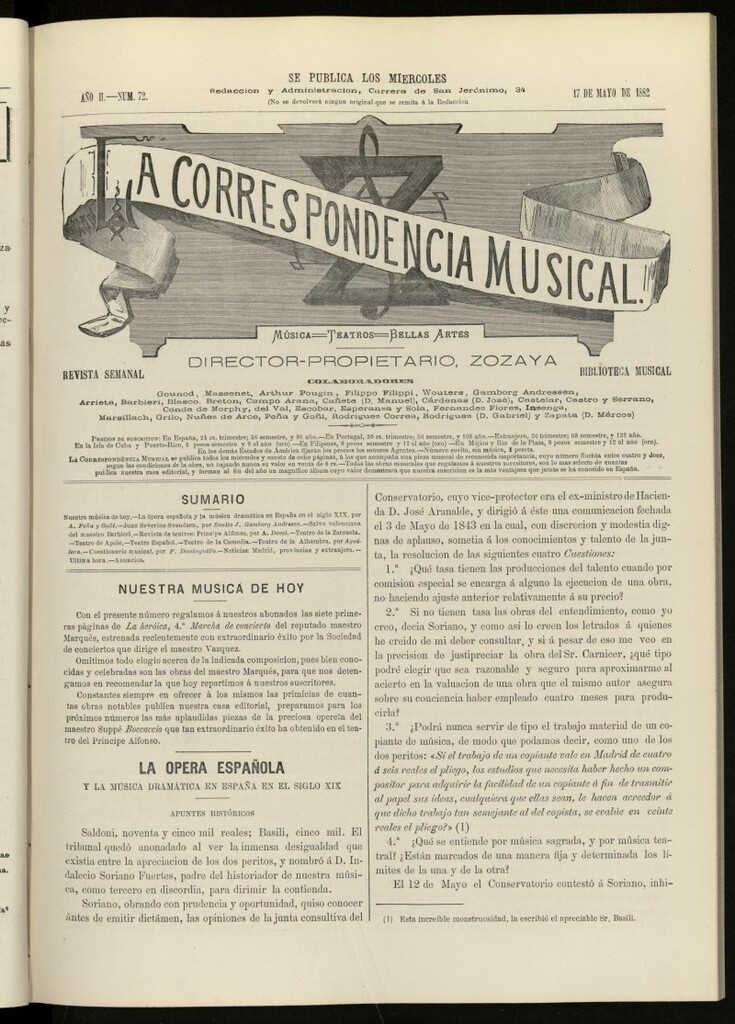 Miniatura de La Correspondencia musical : música, teatros, bellas artes, de 17 de mayo de 1882, nº 72