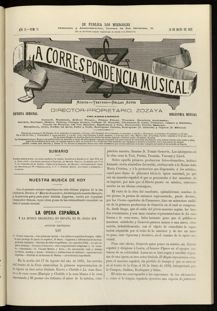 Miniatura de La Correspondencia musical : música, teatros, bellas artes, de 24 de mayo de 1882, nº 73