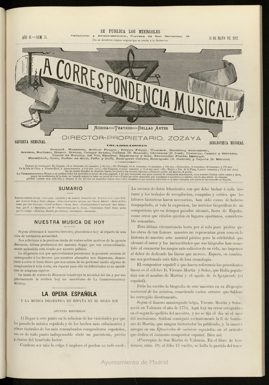 Miniatura de La Correspondencia musical : música, teatros, bellas artes, de 31 de mayo de 1882, nº 74