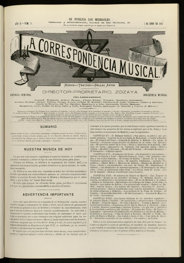 Miniatura de La Correspondencia musical : música, teatros, bellas artes, de 7 de junio de 1882, nº 75