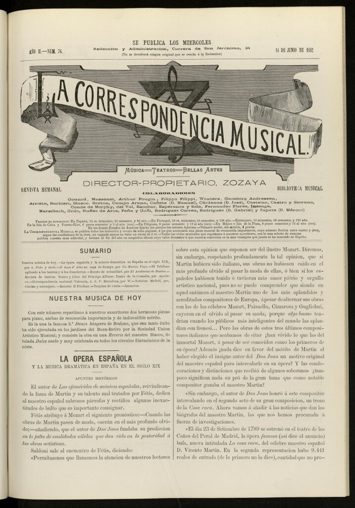 Miniatura de La Correspondencia musical : música, teatros, bellas artes, de 14 de junio de 1882, nº 76