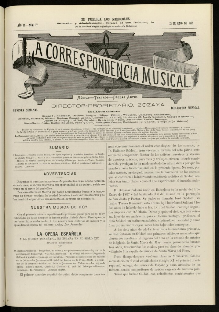 Miniatura de La Correspondencia musical : música, teatros, bellas artes, de 21 de junio de 1882, nº 77
