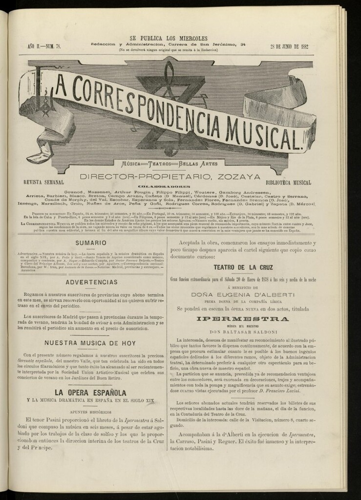 Miniatura de La Correspondencia musical : música, teatros, bellas artes, de 28 de junio de 1882, nº 78
