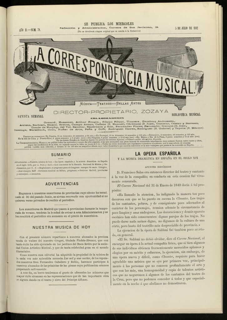 Miniatura de La Correspondencia musical : música, teatros, bellas artes, de 5 de julio de 1882, nº 79