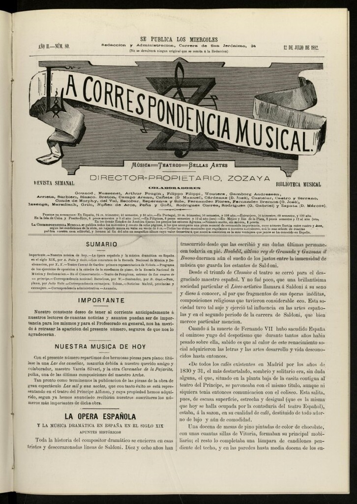 Miniatura de La Correspondencia musical : música, teatros, bellas artes, de 12 de julio de 1882, nº 80