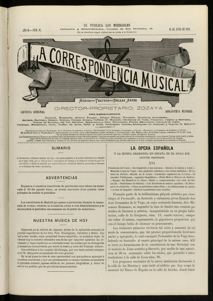 Miniatura de La Correspondencia musical : música, teatros, bellas artes, de 19 de julio de 1882, nº 81