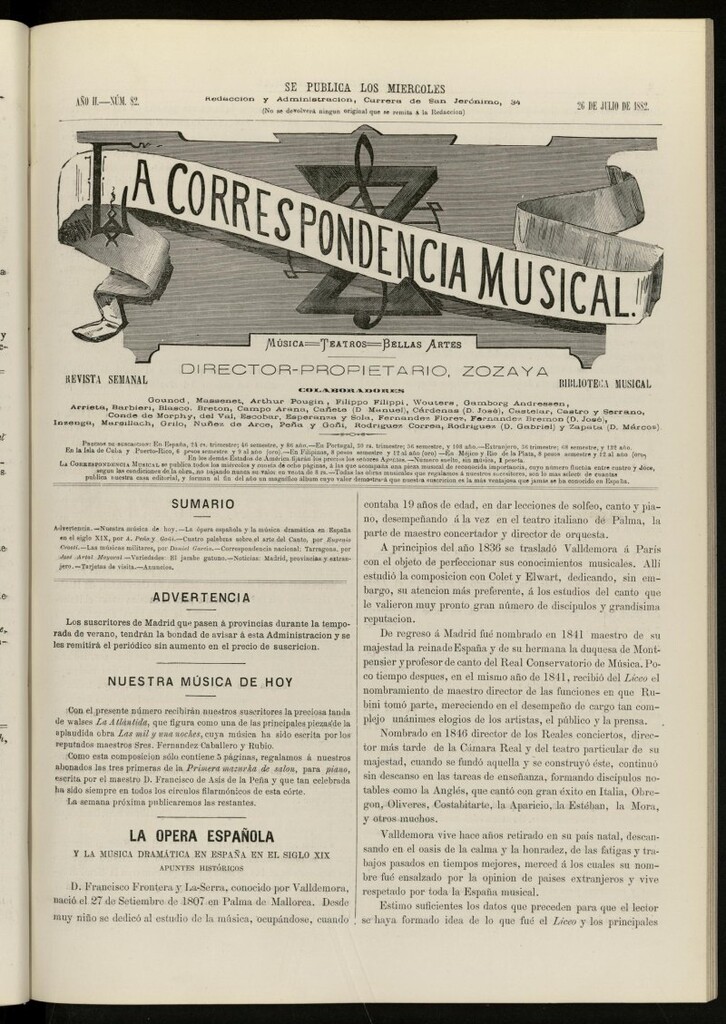Miniatura de La Correspondencia musical : música, teatros, bellas artes, de 26 de julio de 1882, nº 82
