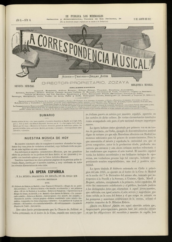 Miniatura de La Correspondencia musical : música, teatros, bellas artes, de 9 de agosto de 1882, nº 84