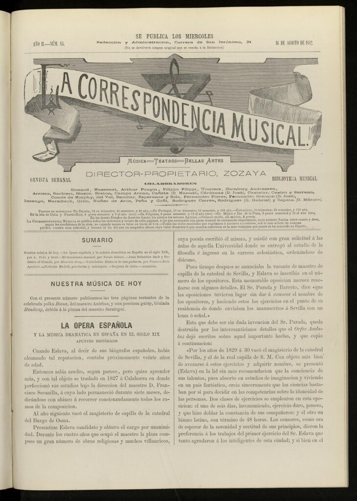 Miniatura de La Correspondencia musical : música, teatros, bellas artes, de 16 de agosto de 1882, nº 85