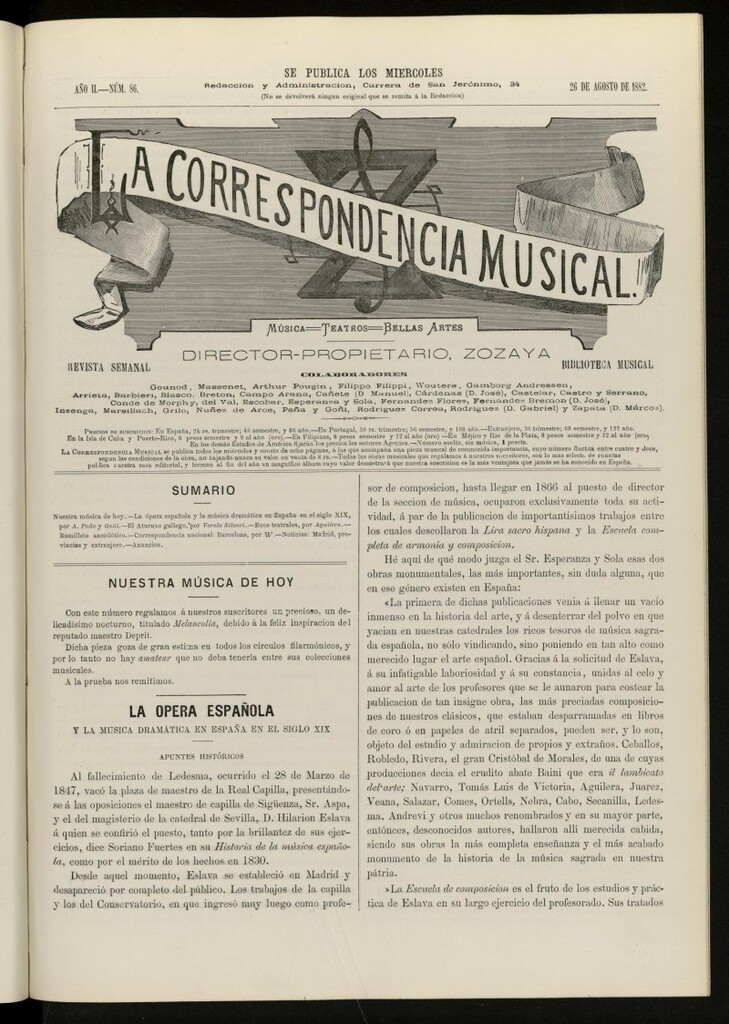 Miniatura de La Correspondencia musical : música, teatros, bellas artes, de 26 de agosto de 1882, nº 86
