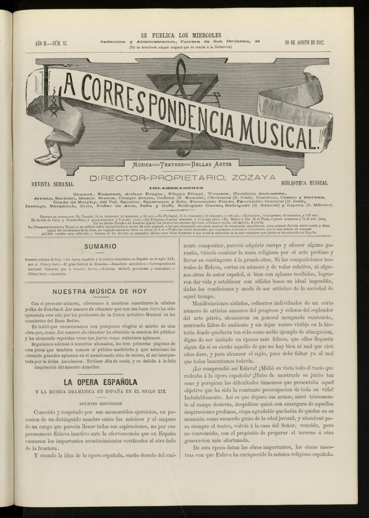 Miniatura de La Correspondencia musical : música, teatros, bellas artes, de 30 de agosto de 1882, nº 87