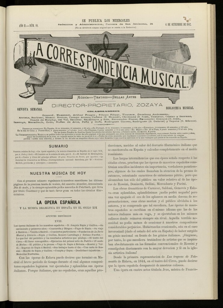 Miniatura de La Correspondencia musical : música, teatros, bellas artes, de 6 de septiembre de 1882, nº 88