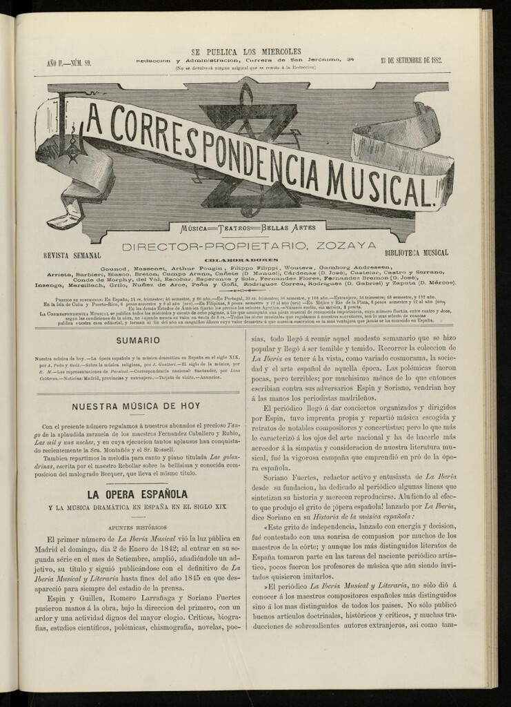 Miniatura de La Correspondencia musical : música, teatros, bellas artes, de 13 de septiembre de 1882, nº 89
