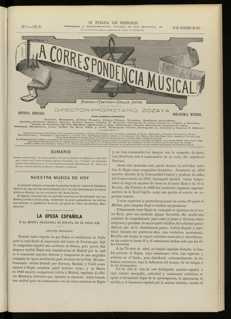 Miniatura de La Correspondencia musical : música, teatros, bellas artes, de 20 de septiembre de 1882, nº 90