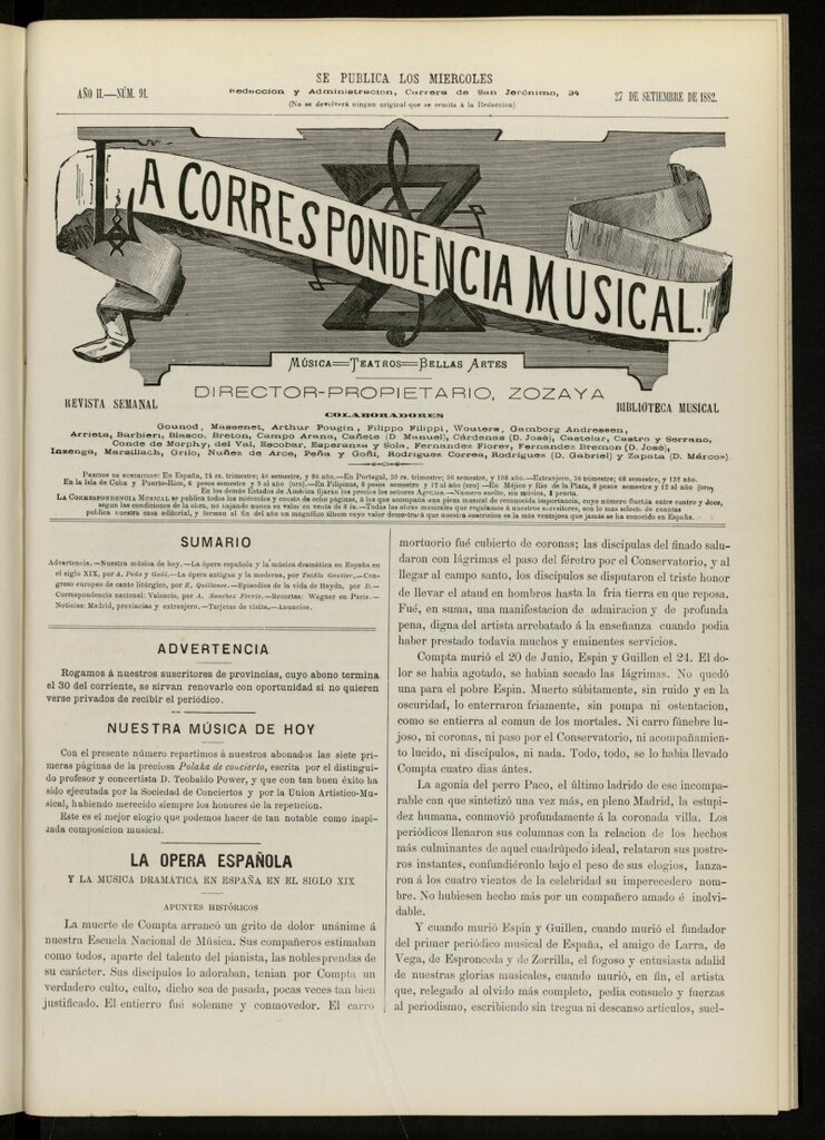 Miniatura de La Correspondencia musical : música, teatros, bellas artes, de 27 de septiembre de 1882, nº 91