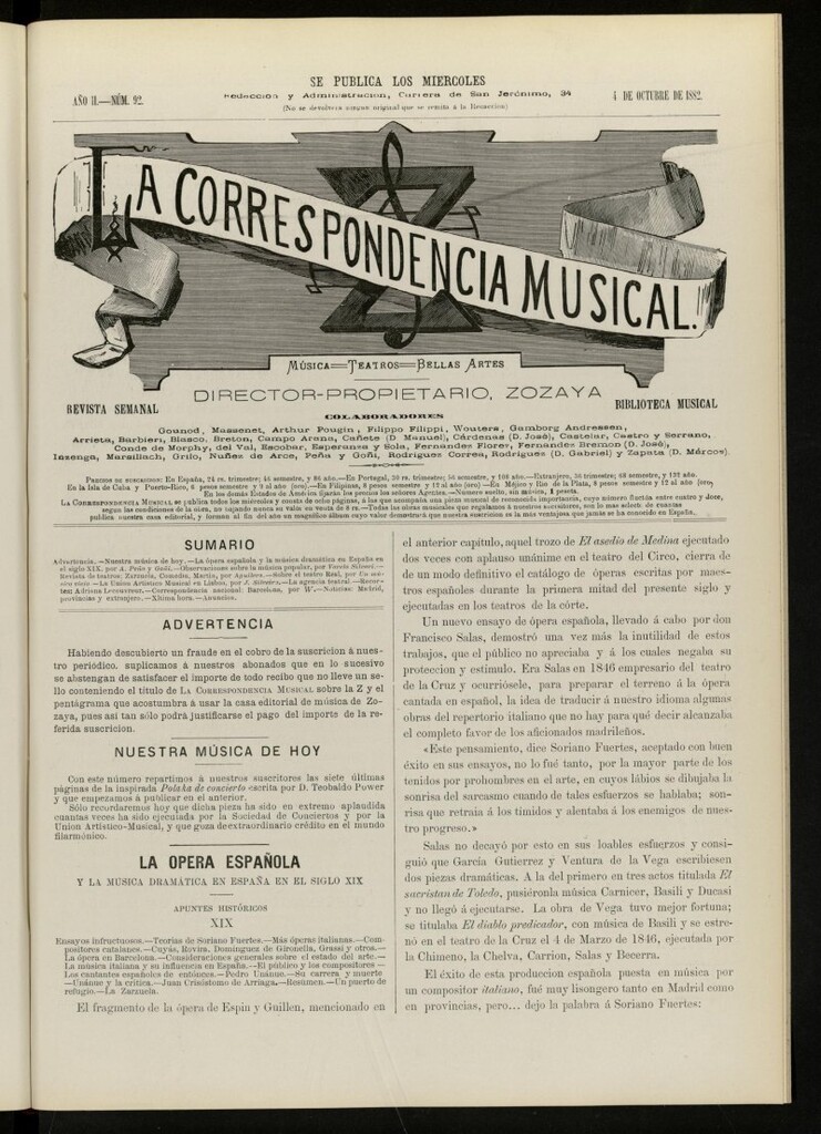 Miniatura de La Correspondencia musical : música, teatros, bellas artes, de 4 de octubre de 1882, nº 92