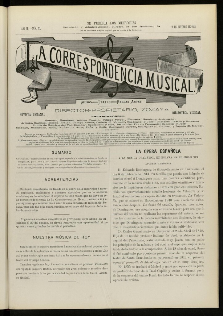 Miniatura de La Correspondencia musical : música, teatros, bellas artes, de 11 de octubre de 1882, nº 93