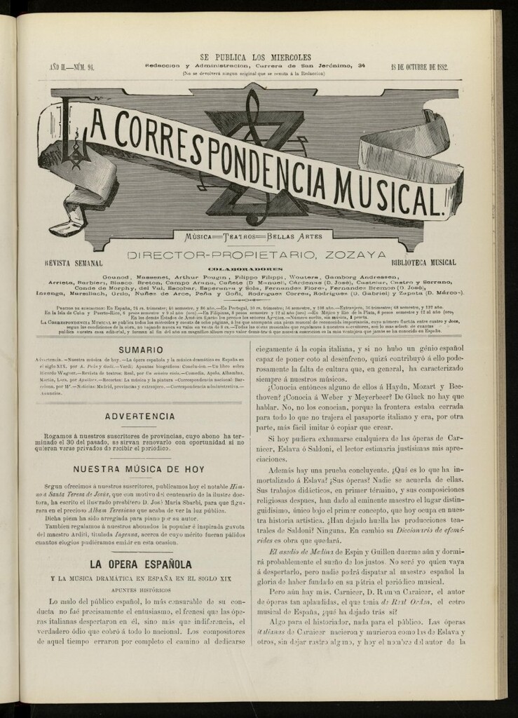 Miniatura de La Correspondencia musical : música, teatros, bellas artes, de 18 de octubre de 1882, nº 94