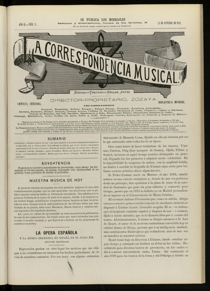 Miniatura de La Correspondencia musical : música, teatros, bellas artes, de 25 de octubre de 1882, nº 95
