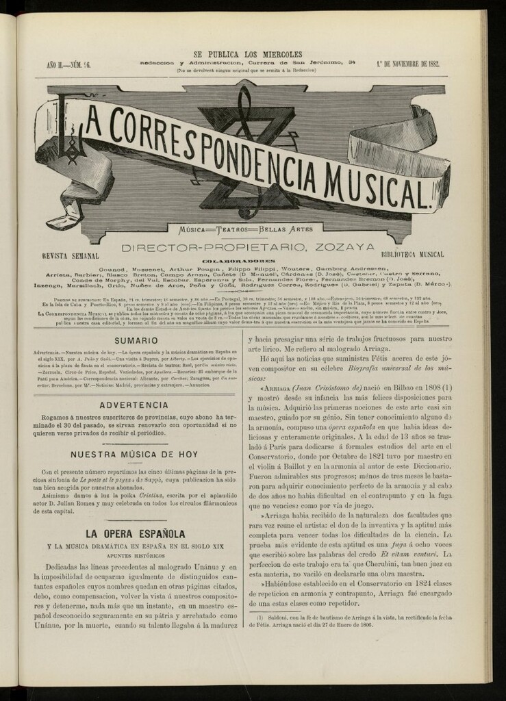 Miniatura de La Correspondencia musical : música, teatros, bellas artes, de 1 de noviembre de 1882, nº 96