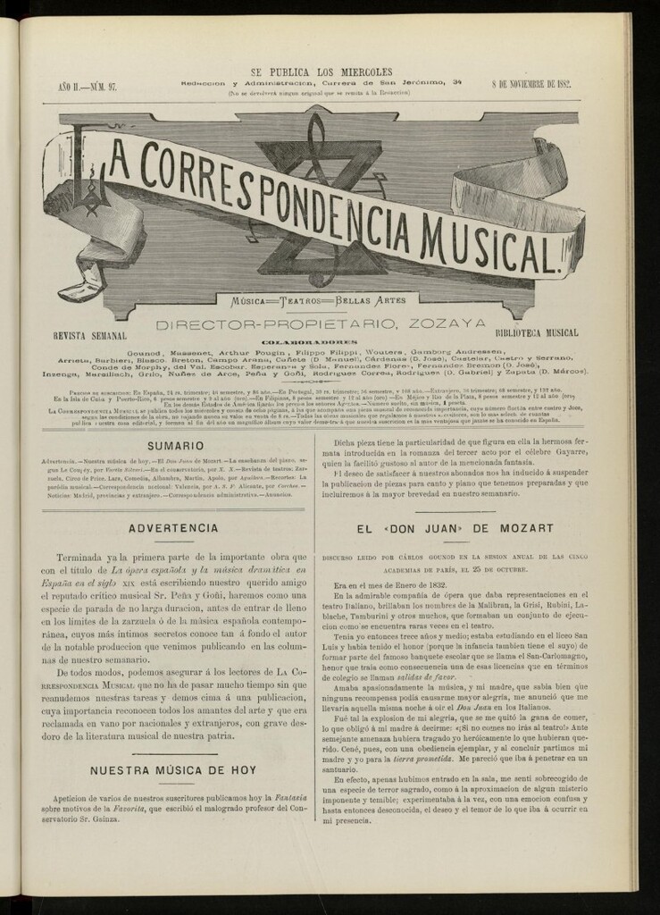 Miniatura de La Correspondencia musical : música, teatros, bellas artes, de 8 de noviembre de 1882, nº 97
