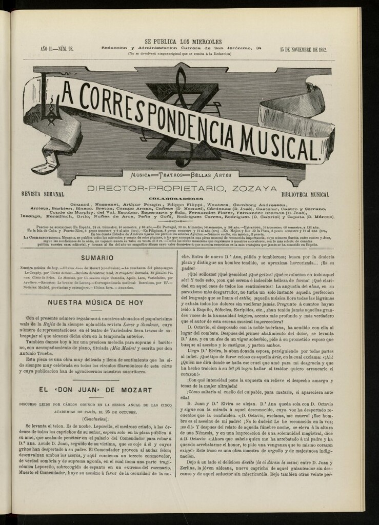 Miniatura de La Correspondencia musical : música, teatros, bellas artes, de 15 de noviembre de 1882, nº 98