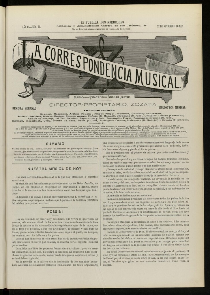 Miniatura de La Correspondencia musical : música, teatros, bellas artes, de 22 de noviembre de 1882, nº 99