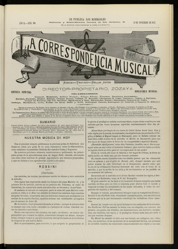 Miniatura de La Correspondencia musical : música, teatros, bellas artes de 29 de noviembre de 1882, nº 100