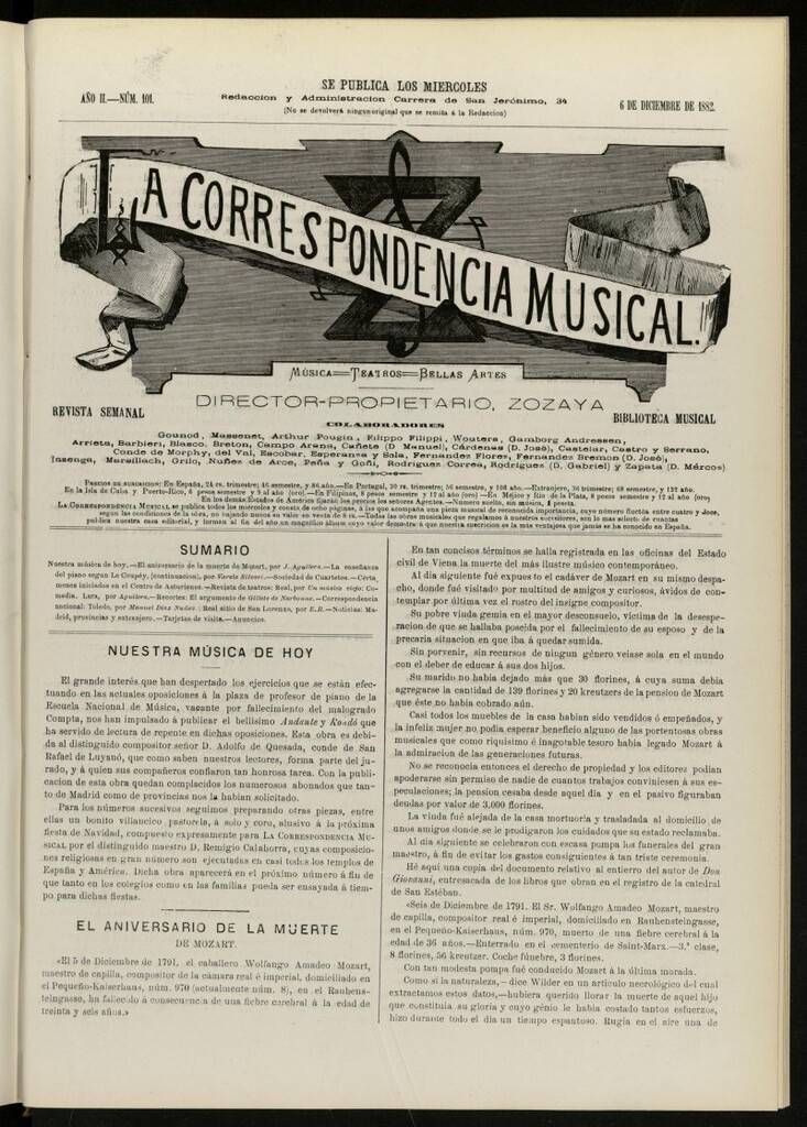 Miniatura de La Correspondencia musical : música, teatros, bellas artes, de 6 de diciembre de 1882, nº 101