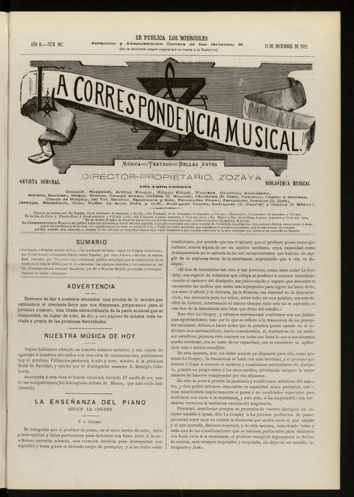 Miniatura de La Correspondencia musical : música, teatros, bellas artes, de 13 de diciembre de 1882, nº 102