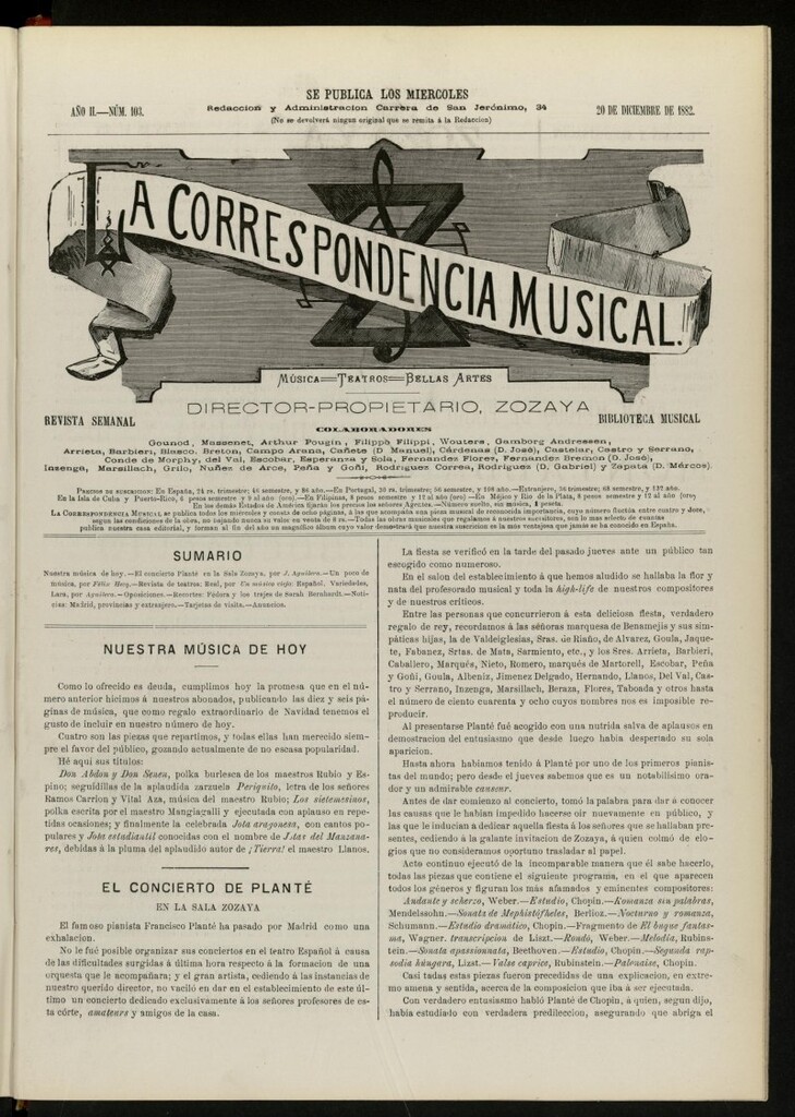 Miniatura de La Correspondencia musical : música, teatros, bellas artes, de 20 de diciembre de 1882, nº 103